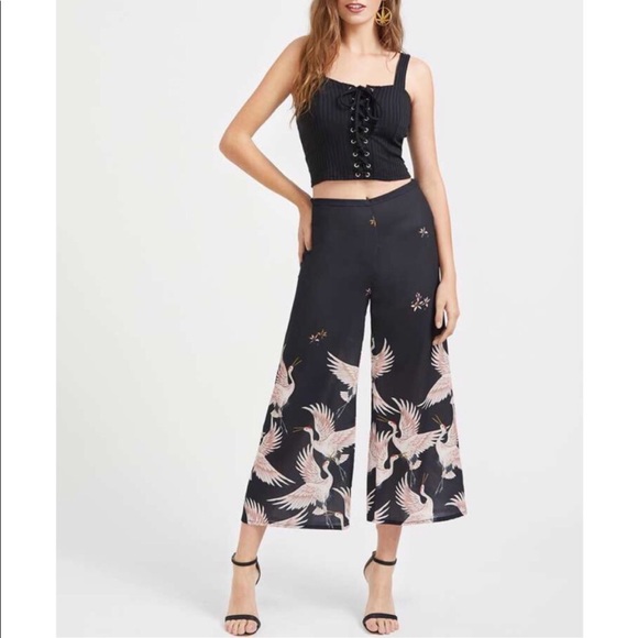 Black Crane Print Wide Leg Pants - Picture 2 of 6
